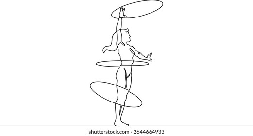 Um desenho contínuo de um artista de circo. Circo. O malabarista faz malabarismo. Performance de circo. Uma linha contínua isolada ilustração mínima.Não AI.
