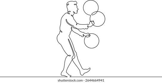 Continuous one line drawing circus artist. Circus. The juggler juggles. Circus performance. One continuous line isolated minimal illustration.Not AI.