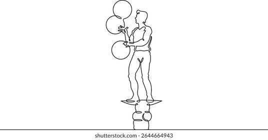 Continuous one line drawing circus artist. Circus. The juggler juggles. Circus performance. One continuous line isolated minimal illustration.Not AI.