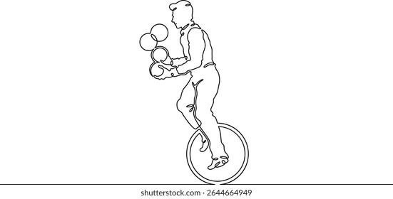 Continuous one line drawing circus artist. Circus. The juggler juggles. Circus performance. One continuous line isolated minimal illustration.Not AI.