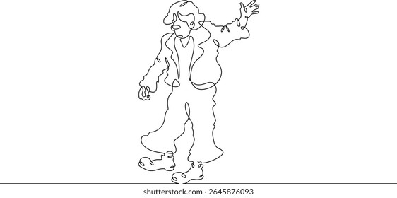 Continuous one line drawing circus clown. A clown in a funny costume performs in a circus. Circus performance. One continuous line isolated minimal illustration.Not AI.