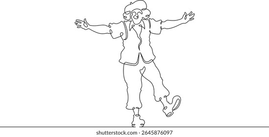 Palhaço de circo de desenho contínuo de uma linha. Um palhaço com uma fantasia engraçada se apresenta em um circo. Performance de circo. Uma linha contínua isolada ilustração mínima.Não AI.