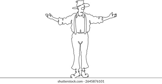 Continuous one line drawing circus clown. A clown in a funny costume performs in a circus. Circus performance. One continuous line isolated minimal illustration.Not AI.