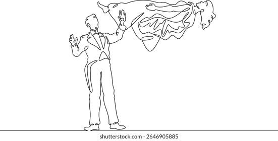 Continuous one line drawing circus magician illusionist. Magic show of a magician. Performance of an illusionist wizard. Circus. One continuous line isolated minimal illustration.Not AI.