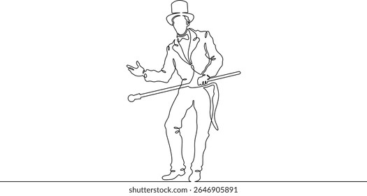 Continuous one line drawing circus magician illusionist. Magic show of a magician. Performance of an illusionist wizard. Circus. One continuous line isolated minimal illustration.Not AI.