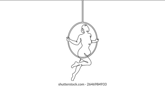 Continuous one line drawing Circus artist with a hoop. Beautiful equilibrist under the circus dome. Circus performance. One continuous line isolated minimal illustration.Not AI.