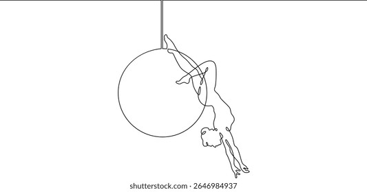 Continuous one line drawing Circus artist with a hoop. Beautiful equilibrist under the circus dome. Circus performance. One continuous line isolated minimal illustration.Not AI.
