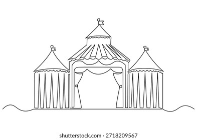 Dibujo continuo de una línea de la tienda del circo con la bandera y las estrellas. Ilustración de dibujo de una sola línea de carpa de circo y carpa de carnaval. Arte vectorial de concepto de atracción festiva. Ilustración de línea Doodle.