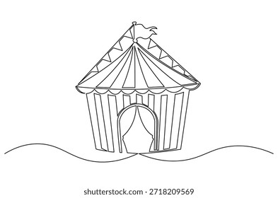 Dibujo continuo de una línea de la tienda del circo con la bandera y las estrellas. Ilustración de dibujo de una sola línea de carpa de circo y carpa de carnaval. Arte vectorial de concepto de atracción festiva. Ilustración de línea Doodle.