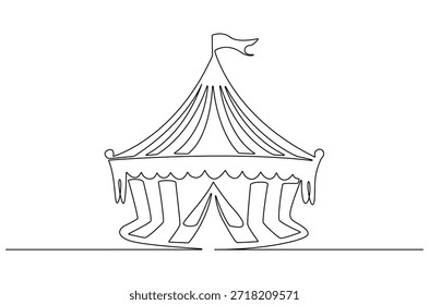 Dibujo continuo de una línea de la tienda del circo con la bandera y las estrellas. Ilustración de dibujo de una sola línea de carpa de circo y carpa de carnaval. Arte vectorial de concepto de atracción festiva. Ilustración de línea Doodle.
