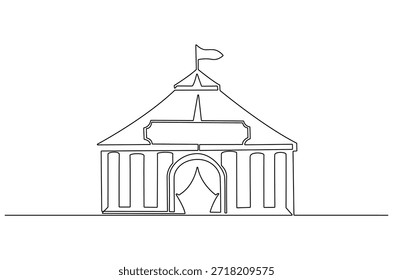 Dibujo continuo de una línea de la tienda del circo con la bandera y las estrellas. Ilustración de dibujo de una sola línea de carpa de circo y carpa de carnaval. Arte vectorial de concepto de atracción festiva. Ilustración de línea Doodle.