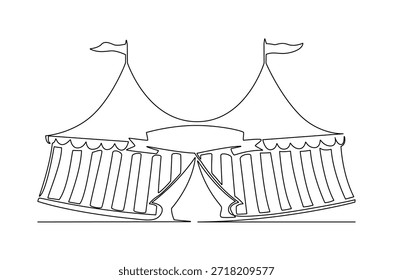 Dibujo continuo de una línea de la tienda del circo con la bandera y las estrellas. Ilustración de dibujo de una sola línea de carpa de circo y carpa de carnaval. Arte vectorial de concepto de atracción festiva. Ilustración de línea Doodle.