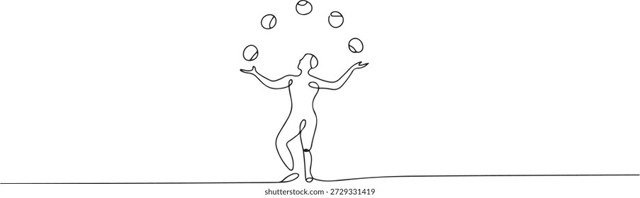 Continuous one line drawing circus artist. Circus. The juggler juggles. Circus performance. One continuous line isolated minimal illustration. one line Icon drawing
