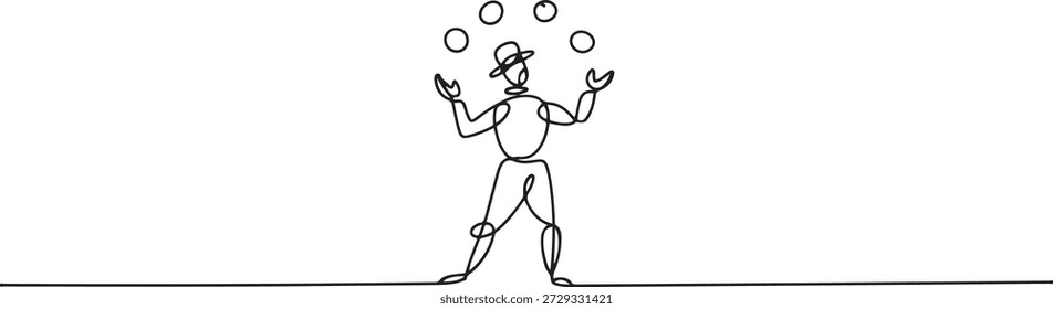 Kontinuierliche einzeilige Zeichnung Zirkusartist. Zirkus. Der Jongleur jongliert. Zirkusvorstellung. Eine durchgehende Linie, einzelne minimale Abbildung. einzeilige Symbolzeichnung
