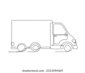 Continuous one line drawing of city cargo truck. Delivery truck line art vector illustration. Editable outline or stroke.