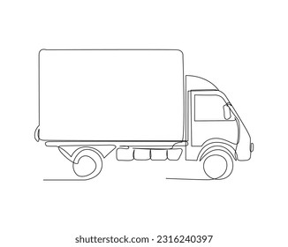 Continuous one line drawing of city cargo truck. Delivery truck line art vector illustration. Editable outline or stroke.