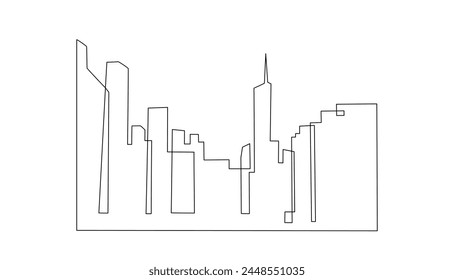 Continuous one line drawing of city building horizon in simple linear style. Editable stroke. Doodle outline abstract reading concept vector illustration. Buildings linear design