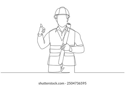 Continuous one line drawing of civil engineer holding roll paper of construction design with thumbs up, engineering and construction concept, single line art.