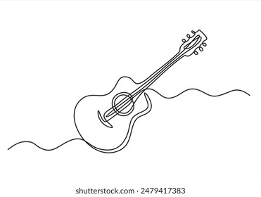 Continuous one line drawing of classic acoustic guitar. Guitar outline vector illustration.