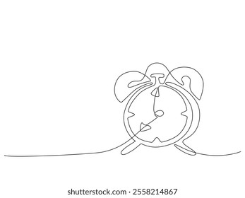 Continuous one line drawing of a classic alarm clock isolated on white , showcasing a minimalist and creative design in black and white, simplicity and modern artistic style, Vector Editable stroke