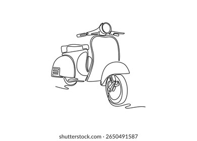 Uma linha contínua desenhando clássico vintage scooter, moto de motor ou ciclomotor para o cidadão urbano. Motocicleta de scooter velha elegante para férias de viagem. Ilustração gráfica vetorial de design de desenho de linha única