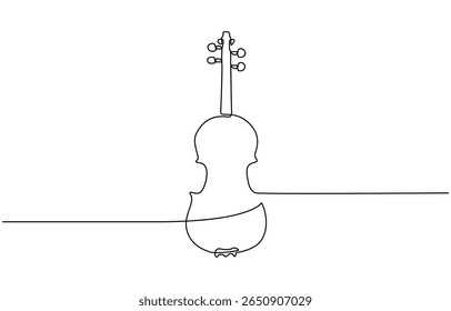  continuous one line drawing. Classic violin music instrument single line art illustration, for orchestra and concert banner in simple linear style. Editable stroke.