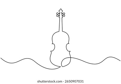  continuous one line drawing. Classic violin music instrument single line art illustration, for orchestra and concert banner in simple linear style. Editable stroke.