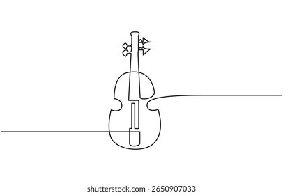  continuous one line drawing. Classic violin music instrument single line art illustration, for orchestra and concert banner in simple linear style. Editable stroke.