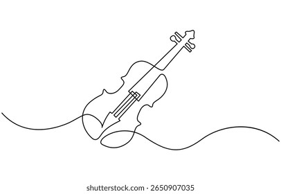  continuous one line drawing. Classic violin music instrument single line art illustration, for orchestra and concert banner in simple linear style. Editable stroke.