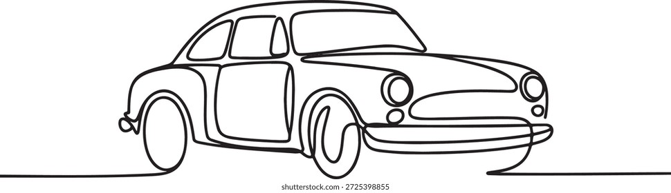 Dibujo continuo de una línea de un coche viejo clásico. Un automóvil vintage, que representa el estilo retro y la historia del transporte. Estilo de arte de línea simple adecuado para temas automotrices, viajes o diseños de vehículos antiguos. Diseño de Vector Abstractas que captura la nostalgia. Ilustración vectorial del arte de una sola línea.