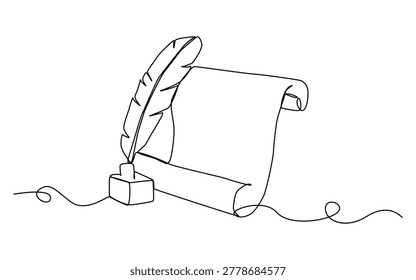 Continuous one line drawing of classic writing setup featuring feather quill, ink bottle, blank paper symbolizing creativity and authorship, single line art. vector illustration.