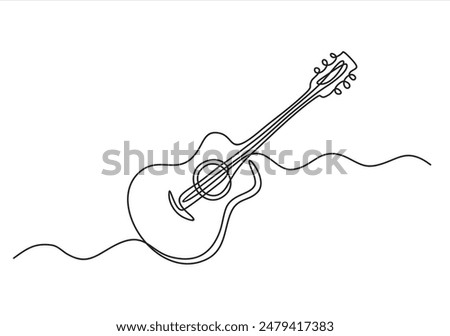 Continuous one line drawing of classic acoustic guitar. Guitar outline vector illustration.