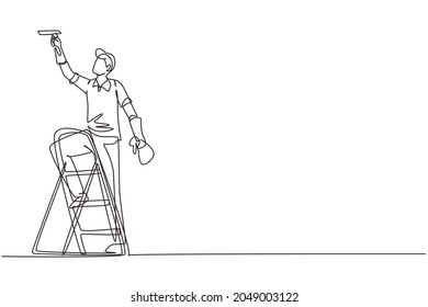 Continuous one line drawing cleaner standing on ladder, washing with sponge. Cleaning service, cleaning tools, washing sponge, house cleaning and housework. Single line draw design vector illustration