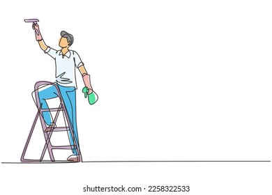 Continuous one line drawing cleaner standing on ladder, washing with sponge. Cleaning service, cleaning tools, washing sponge, house cleaning and housework. Single line draw design vector illustration
