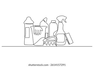Continuous one line drawing of Cleaning sevice tools. Single line drawing illustration of Cleaning service and detergent products. Housekeeping concept vector art. Doodle line illustration.