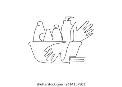 Continuous one line drawing of Cleaning sevice tools. Single line drawing illustration of Cleaning service and detergent products. Housekeeping concept vector art. Doodle line illustration.