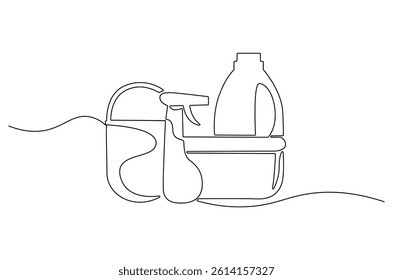 Continuous one line drawing of Cleaning sevice tools. Single line drawing illustration of Cleaning service and detergent products. Housekeeping concept vector art. Doodle line illustration.