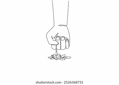 Continuous one line drawing clenched fist pointing down and wanting to hit the scattered cigarette fragments. Quit bad habits. Smoking is not good for body. Single line draw design vector illustration