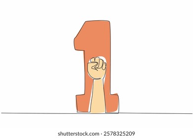 Continuous one line drawing clenched fists in a large number 1. Solidarity, determination, spirit, steadfastness, strong will to demand rights. May Day. Single line draw design vector illustration