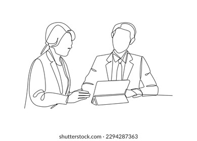 Continuous one line drawing Clerks Providing Service to Customers. Banking concept. Single line draw design vector graphic illustration.