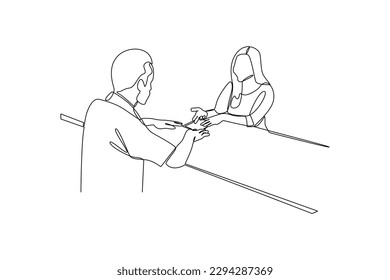 Continuous one line drawing Clerks Providing Service to Customers. Banking concept. Single line draw design vector graphic illustration.