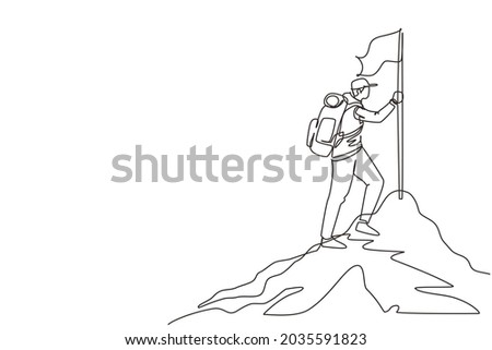 Continuous one line drawing climber in uniform with flag on snowed mounts peak. Happy man climber reached mounts summit enjoying picturesque view. Single line draw design vector graphic illustration