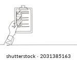 Continuous one line drawing clipboard in hand doctor. Doctor takes notes in clipboard. Medical report background. Patient care check list template. Single line draw design vector graphic illustration