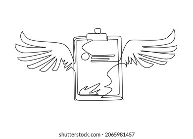 Portapapeles continuo de dibujo de una línea con icono de alas. Tarea realizada. Icono de documento aprobado firmado. Proyecto completado. Marcar el signo. Signo de hoja de cálculo. ilustración vectorial de diseño de línea única