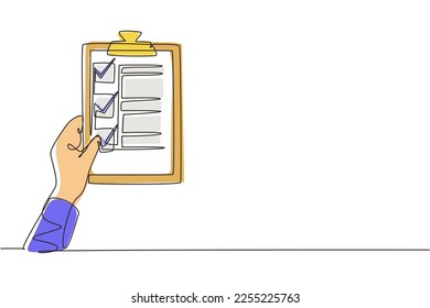 Continuous one line drawing clipboard in hand doctor. Doctor takes notes in clipboard. Medical report background. Patient care check list template. Single line draw design vector graphic illustration