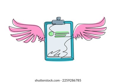 Continuous one line drawing clipboard with wings icon. Task done. Signed approved document icon. Project completed. Check Mark sign. Worksheet sign. Single line draw design vector graphic illustration