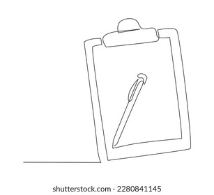 Continuous one line drawing of clipboard and pen. simple clipboard line art vector illustration. Editable stroke.