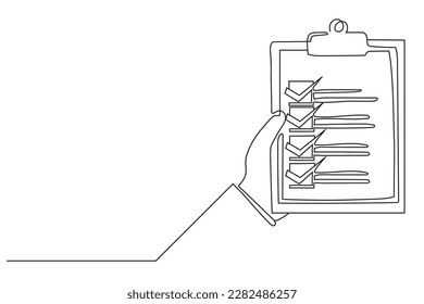 Continuous one line drawing clipboard in hand doctor. Doctor takes notes in clipboard. Medical report background. Patient care check list template. Single line draw design vector graphic illustration.