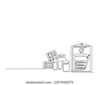 Continuous one line drawing of clipboard medicine. Clipboard with medicine outline vector illustration.  Editable stroke.