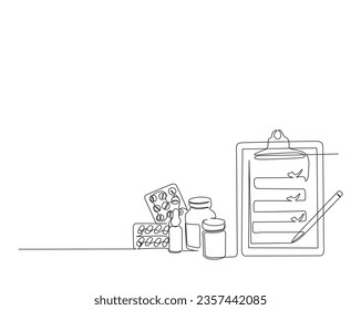 Continuous one line drawing of clipboard medicine. Clipboard with medicine outline vector illustration.  Editable stroke.